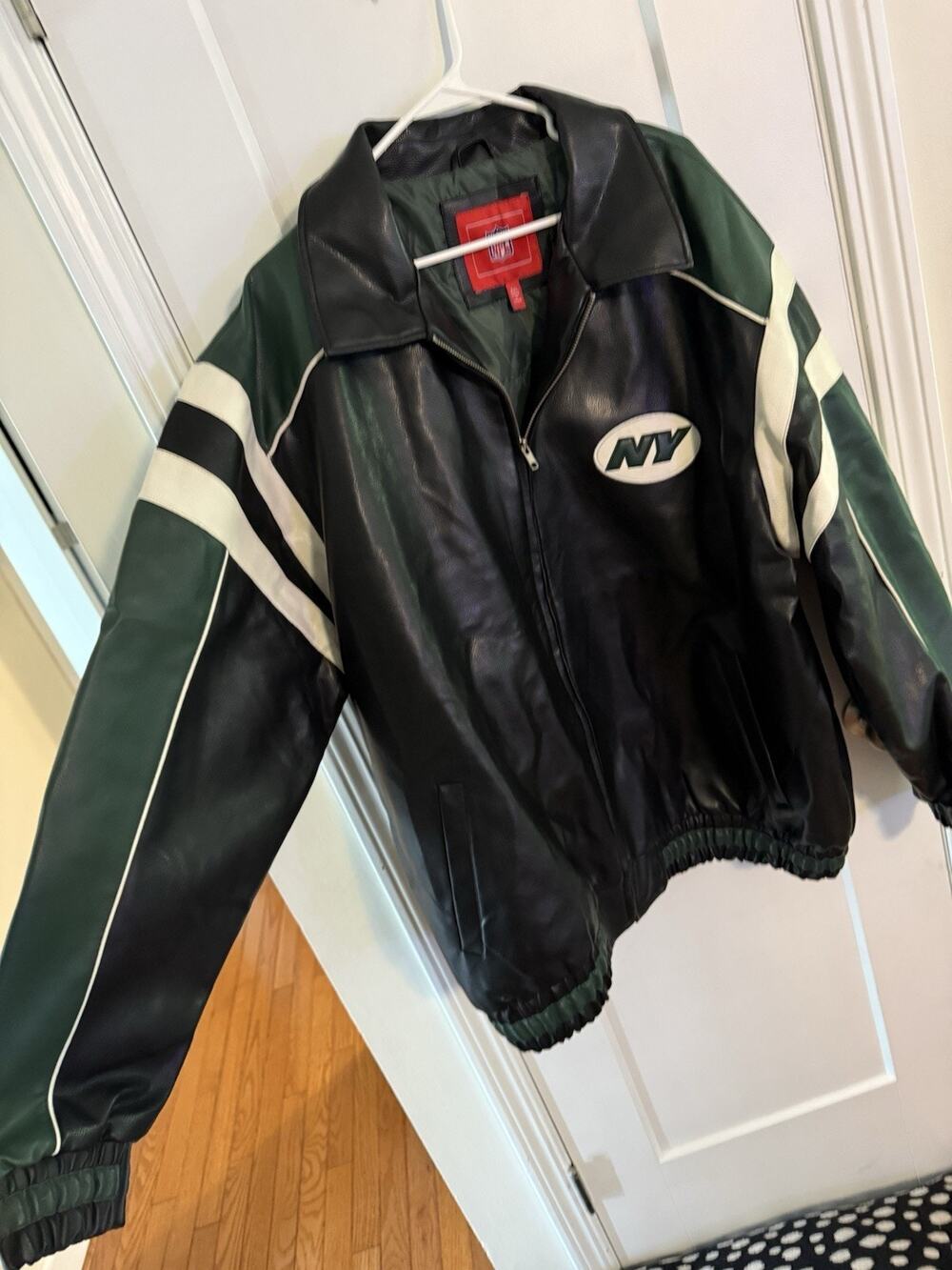 Vintage NFL Jacket Mens Sz XXL Green Black New York Jets Faux Leather Bomber Y2K